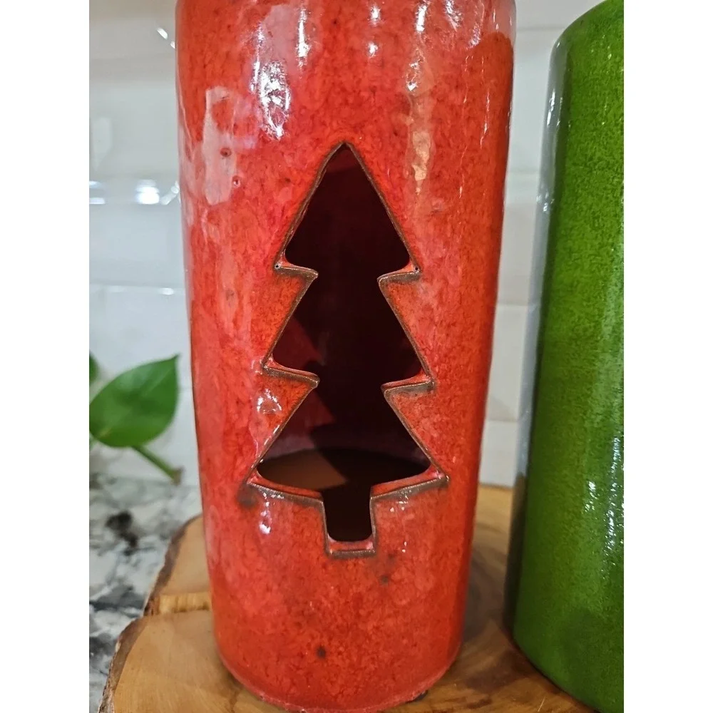 Ceramic Christmas TREE Votive Hand -Glazed Candle‎ Holder SET OF 2!! 9 INC